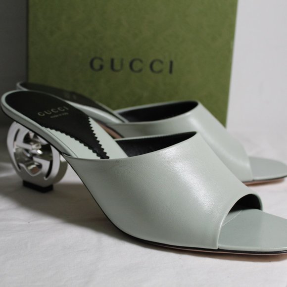 NWB Gucci Interlocking GG Heel Sandals Mules Slip Ons Slides Argento 39.5 772569 - Picture 2 of 9